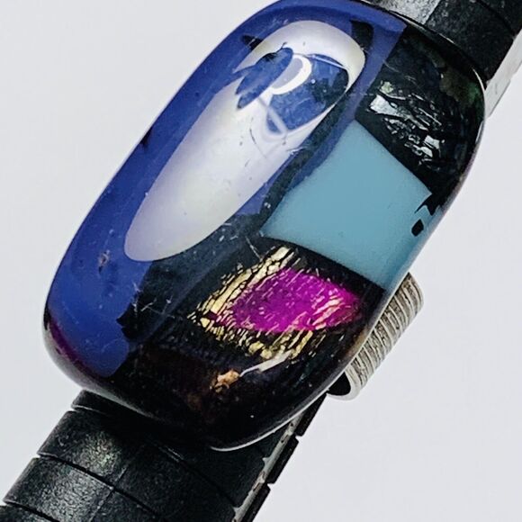 Chunky Art Glass Ring 7.5 Adjustable Purple Blue Black Statement Silver Tone - Picture 7 of 11